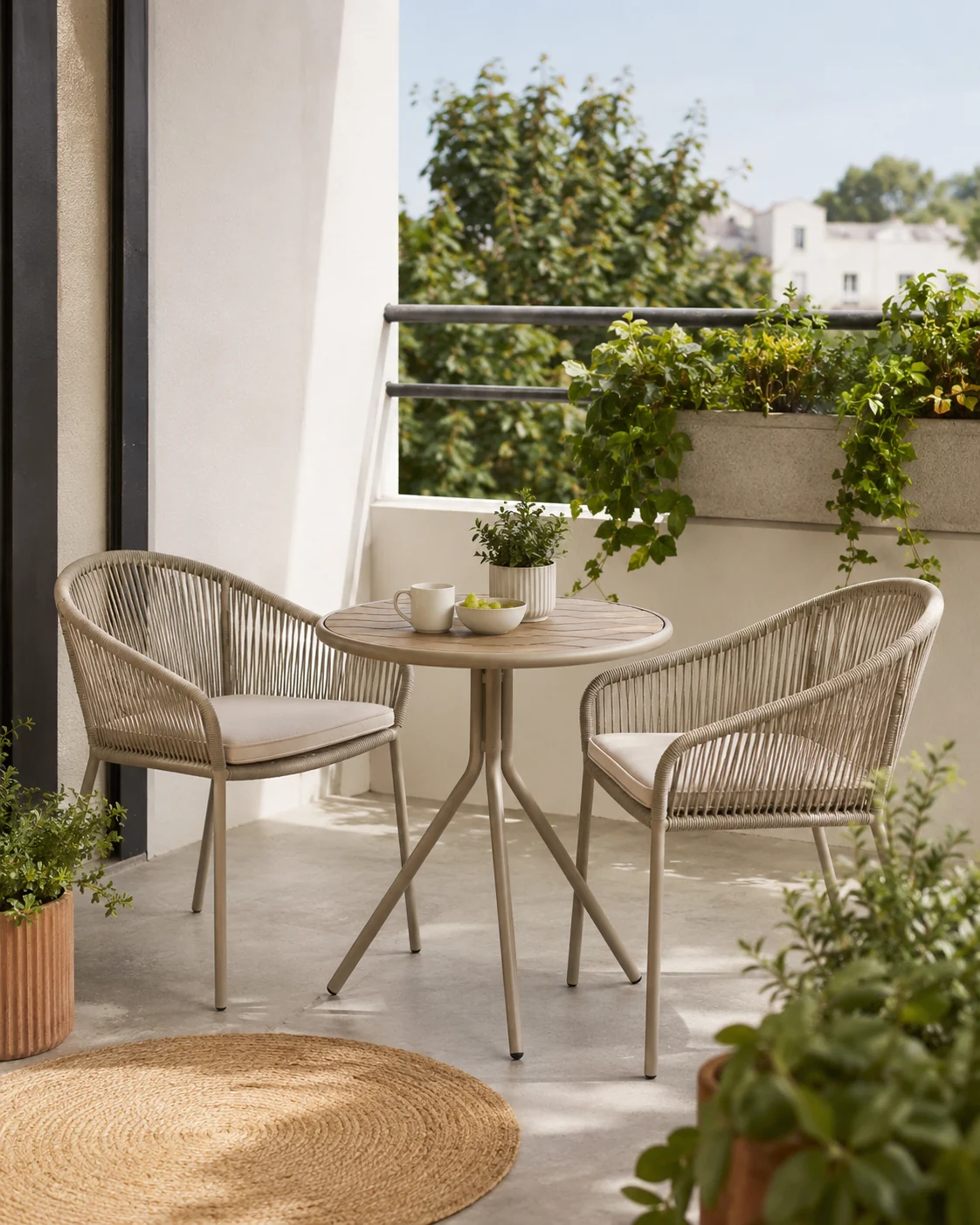 Compact balcony bistro set with two chairs and small table