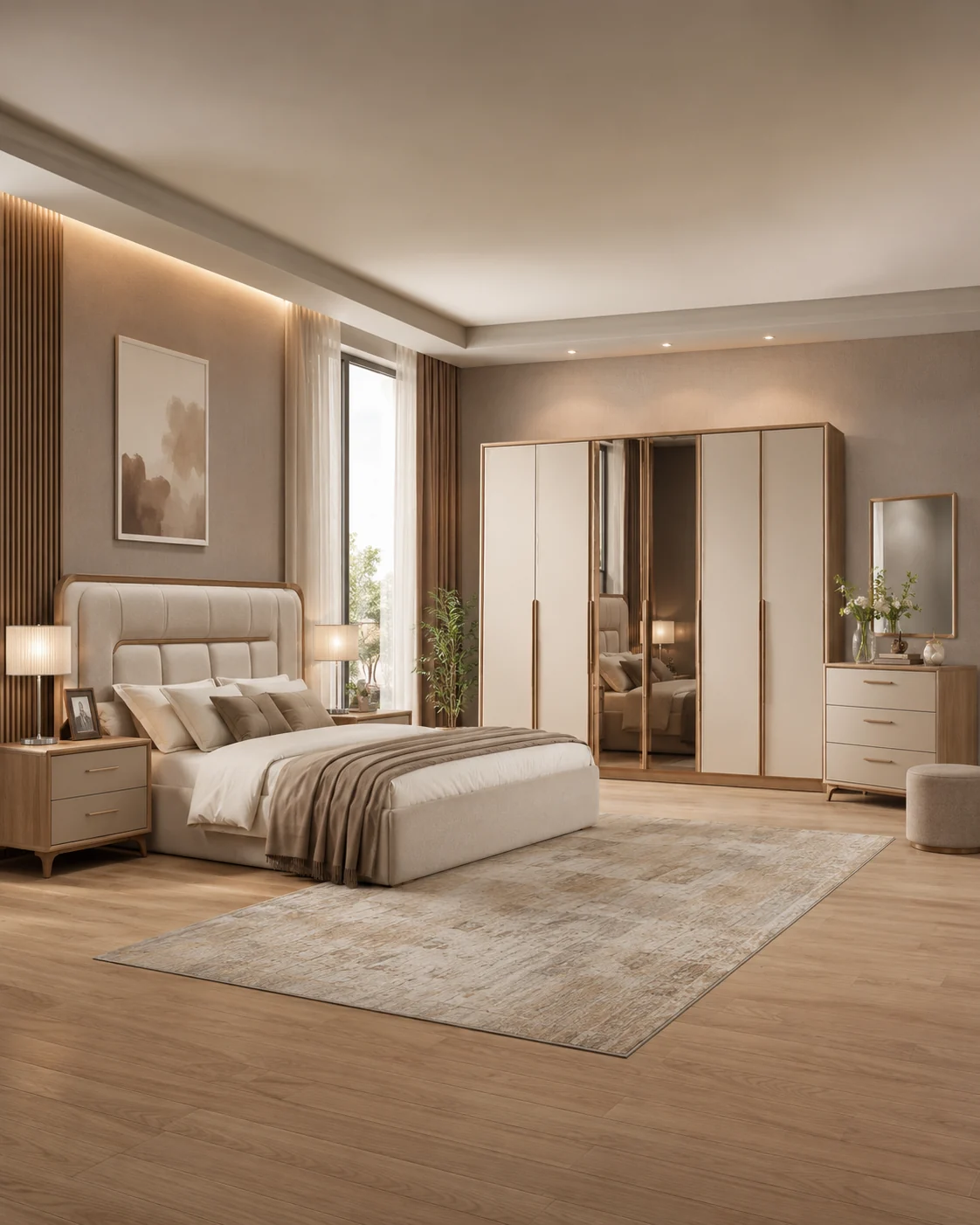 Modern minimalist bedroom set with bed and wardrobe