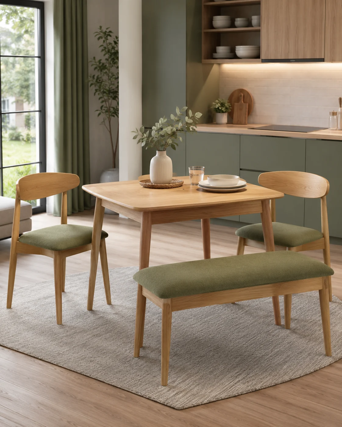 Scandinavian kitchen dining table with bench and chairs
