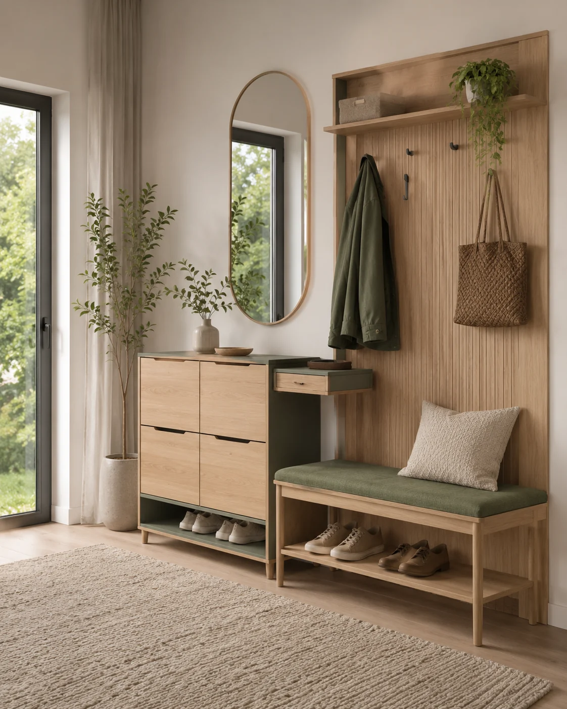 Entryway bench and shoe cabinet in light wood