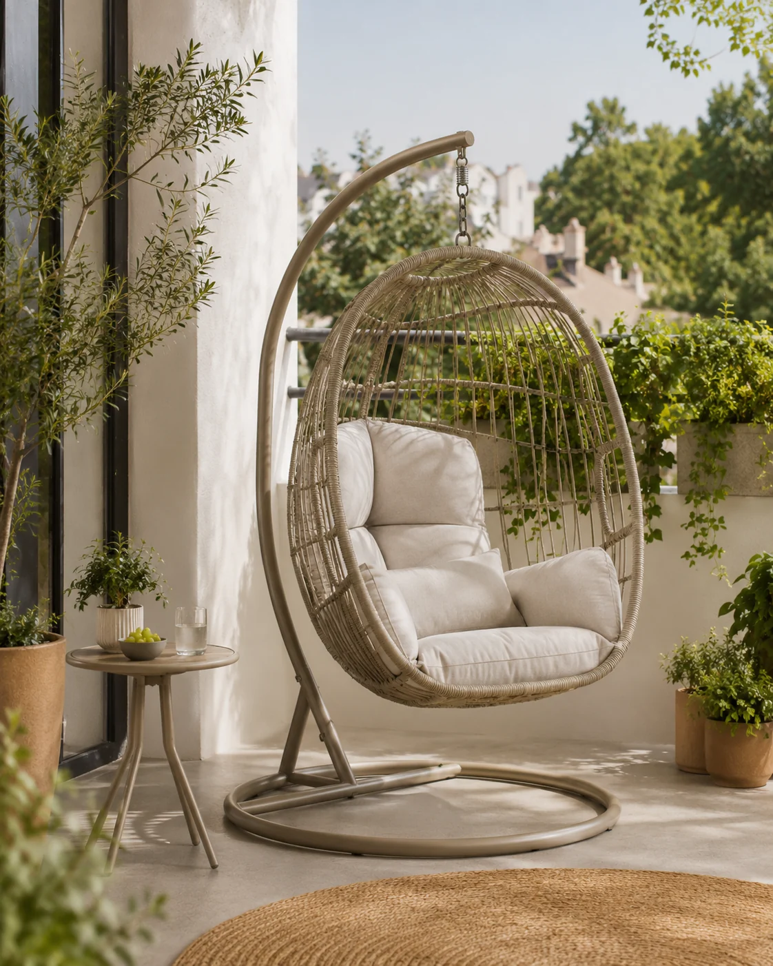 Outdoor hanging egg chair on balcony