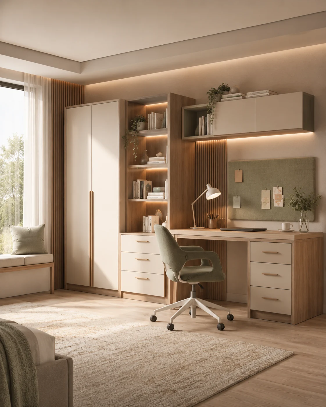 Wood and cream home office desk and storage setup
