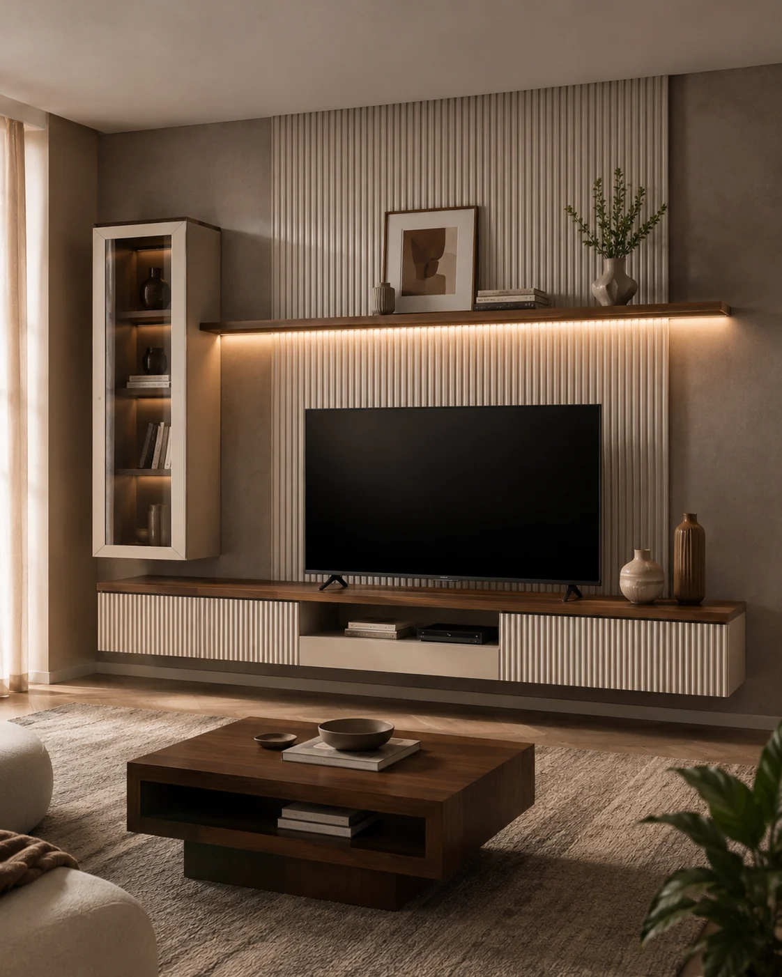 Modern interior furniture with TV unit and warm wood details