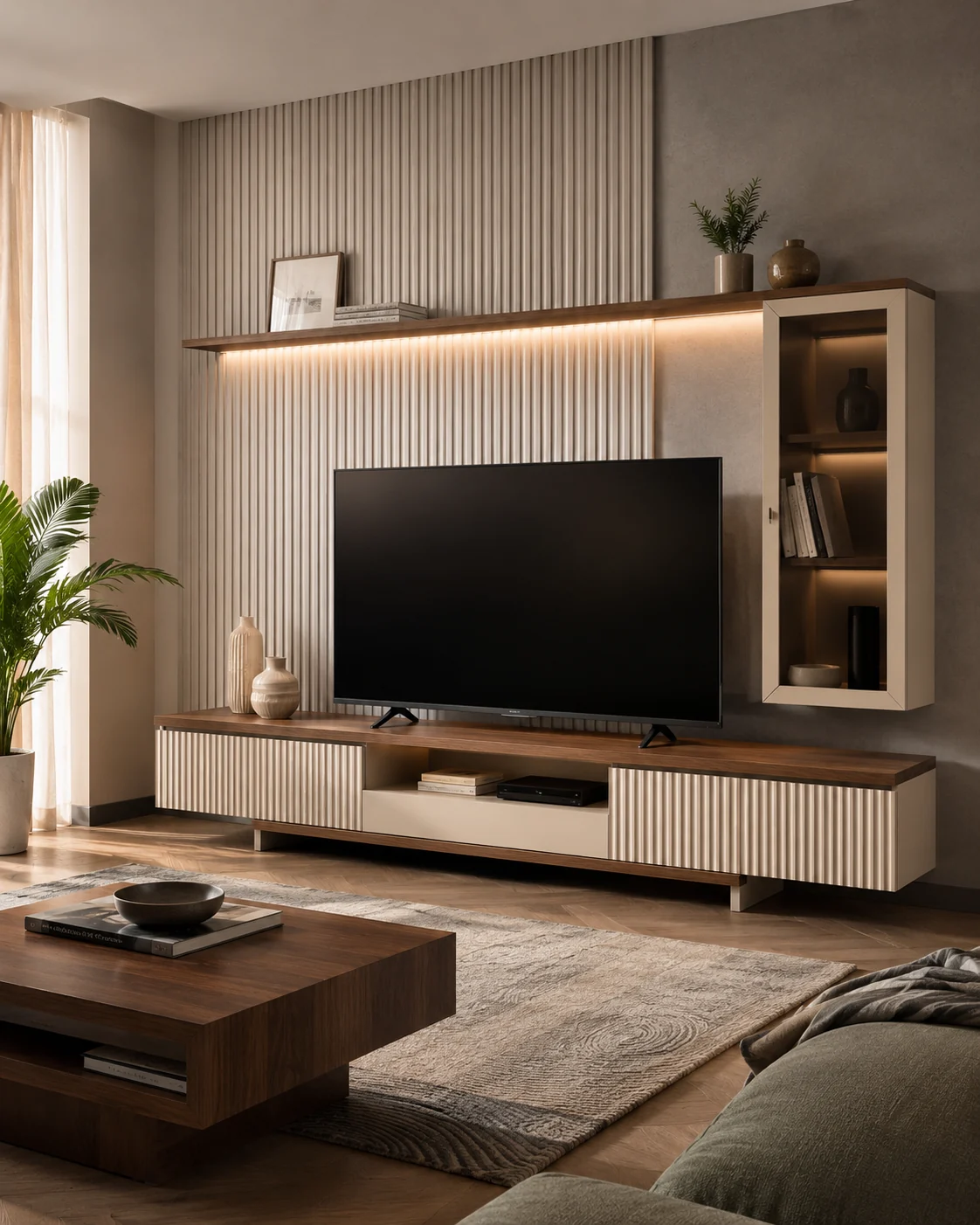 Modern TV unit wall with fluted panel and LED lighting